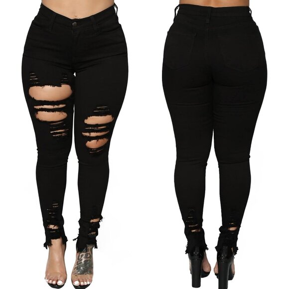 Women's Skinny Ripped Stretch Mid Rise Denim Jeans Casual Pants Black X-Large - Picture 3 of 9